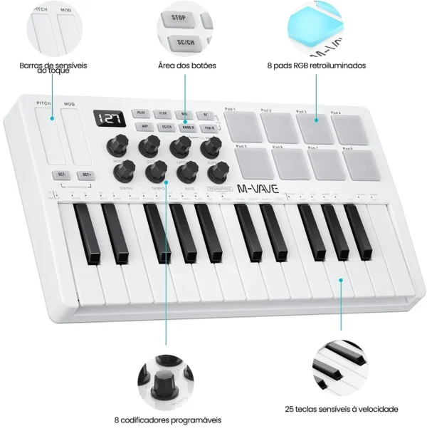 M-VAVE-USB Controlador de teclado MIDI, 25 teclas, 8 almofadas retroiluminadas, 8 botões, 2 Touch Stripes, instrumentos de teclado musical - Image 7